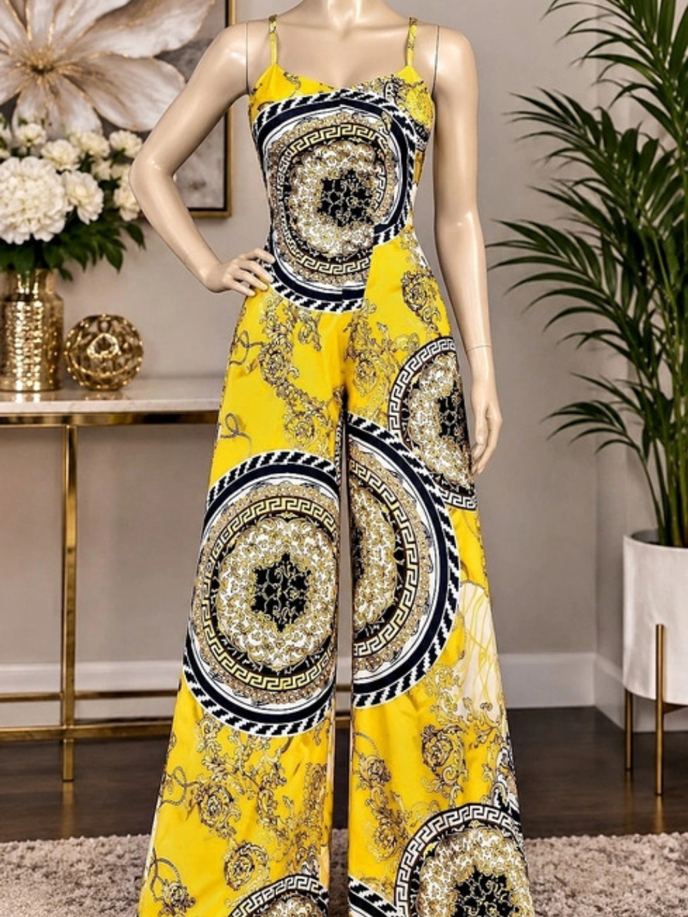 Yellow Geometric Maxi Jumpsuit Like New